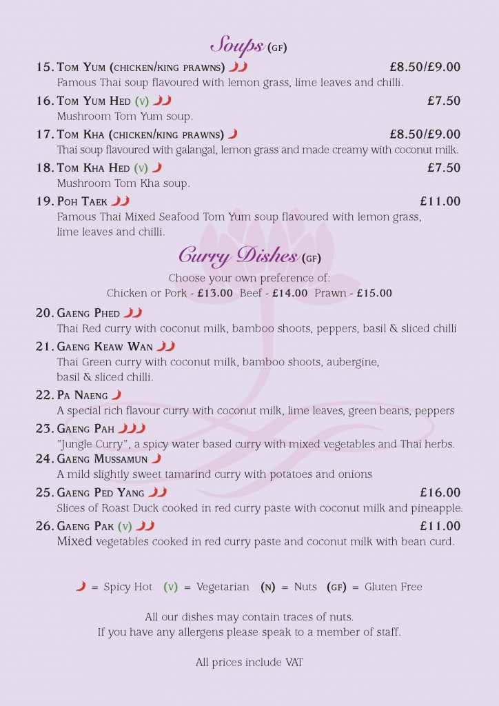 BUA thai SIT IN MENU