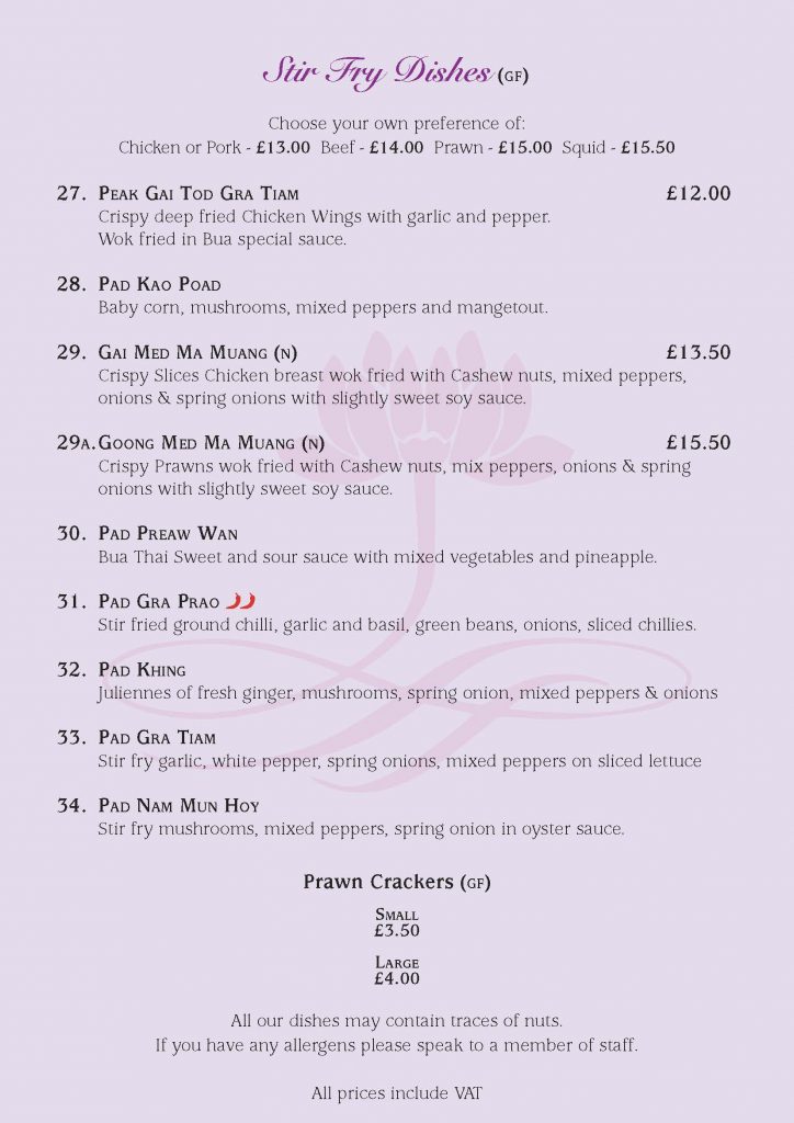 BUA thai SIT IN MENU