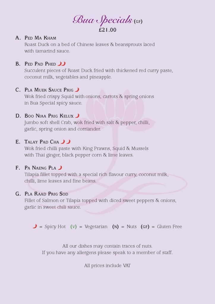 BUA thai SIT IN MENU