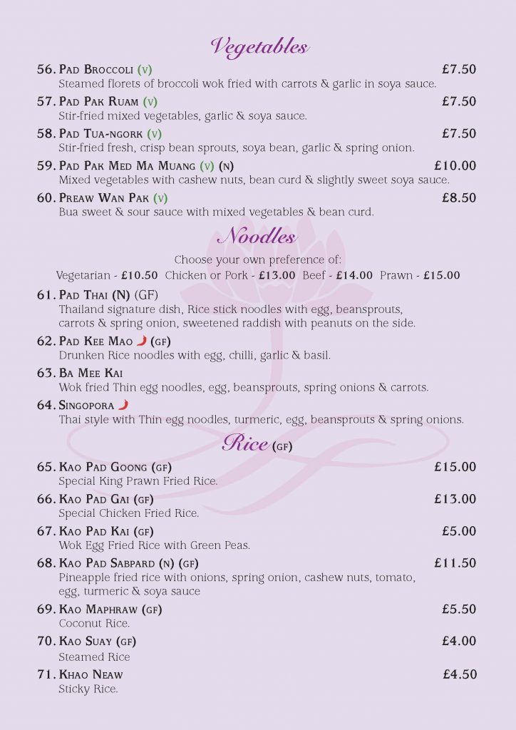 BUA thai SIT IN MENU