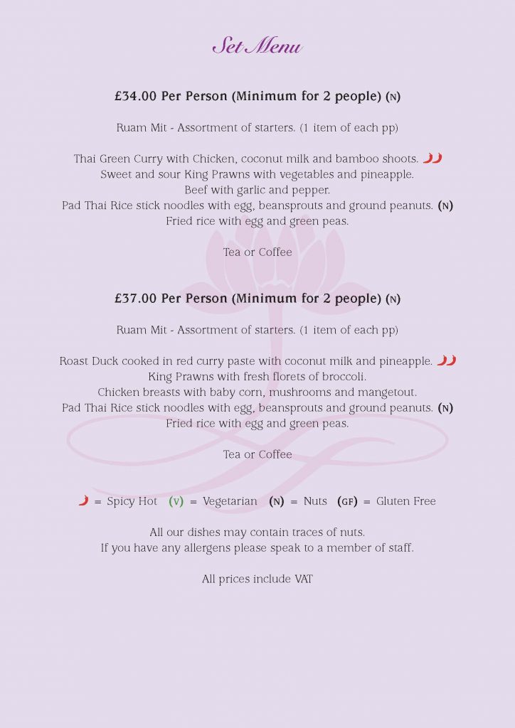 BUA thai SIT IN MENU