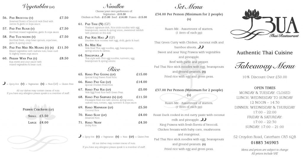 BUA THAI TAKEAWAY MENU 2026